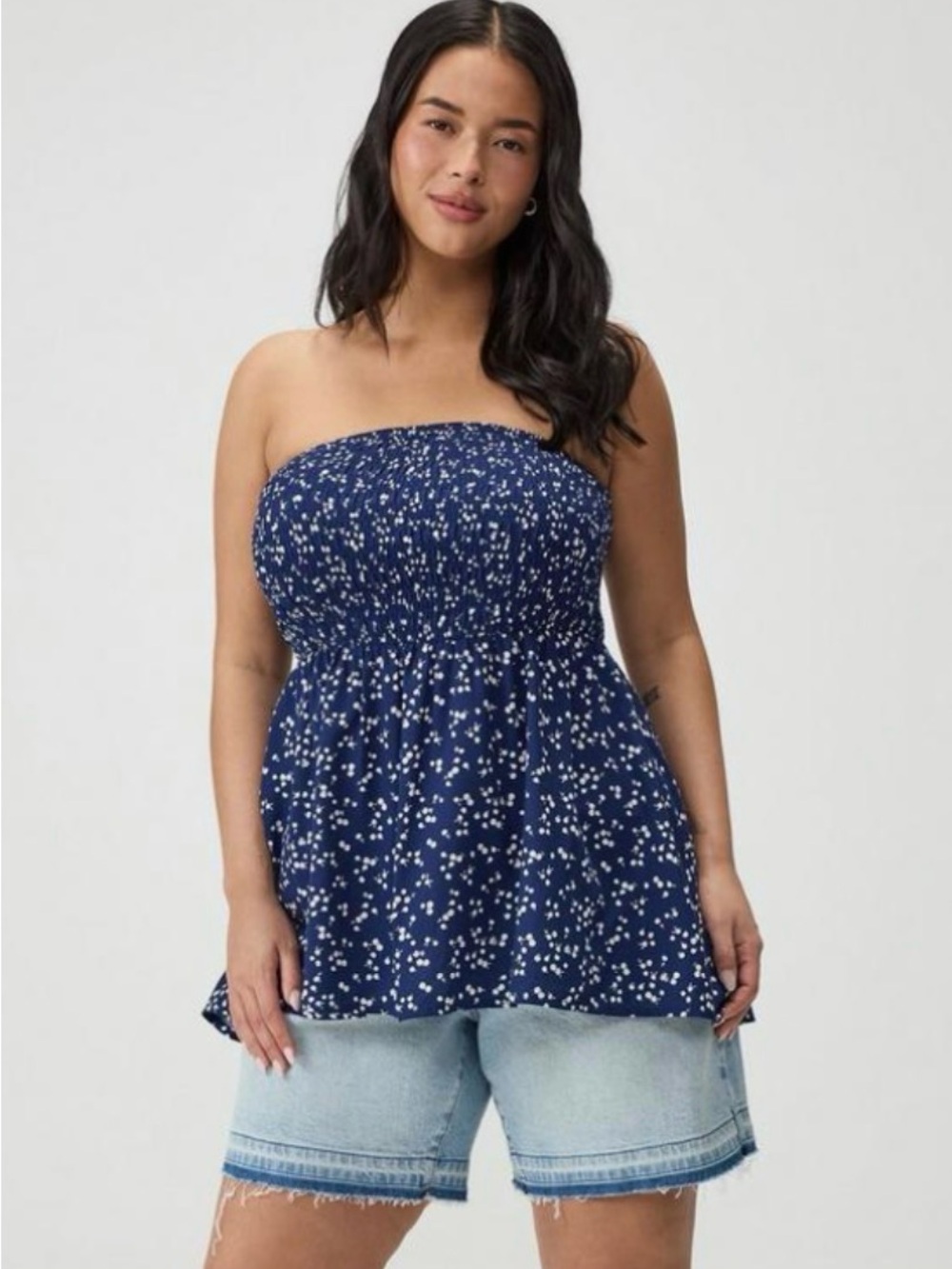 Smocked Strapless Navy Floral Peplum Top